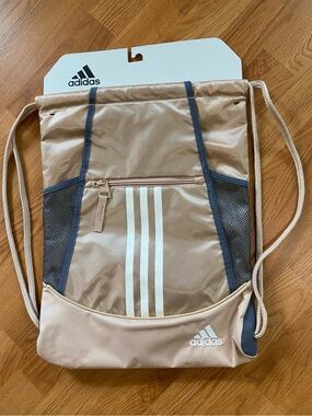 New mens womens adidas Tan Drawstring Backpack with White 3-Stripes